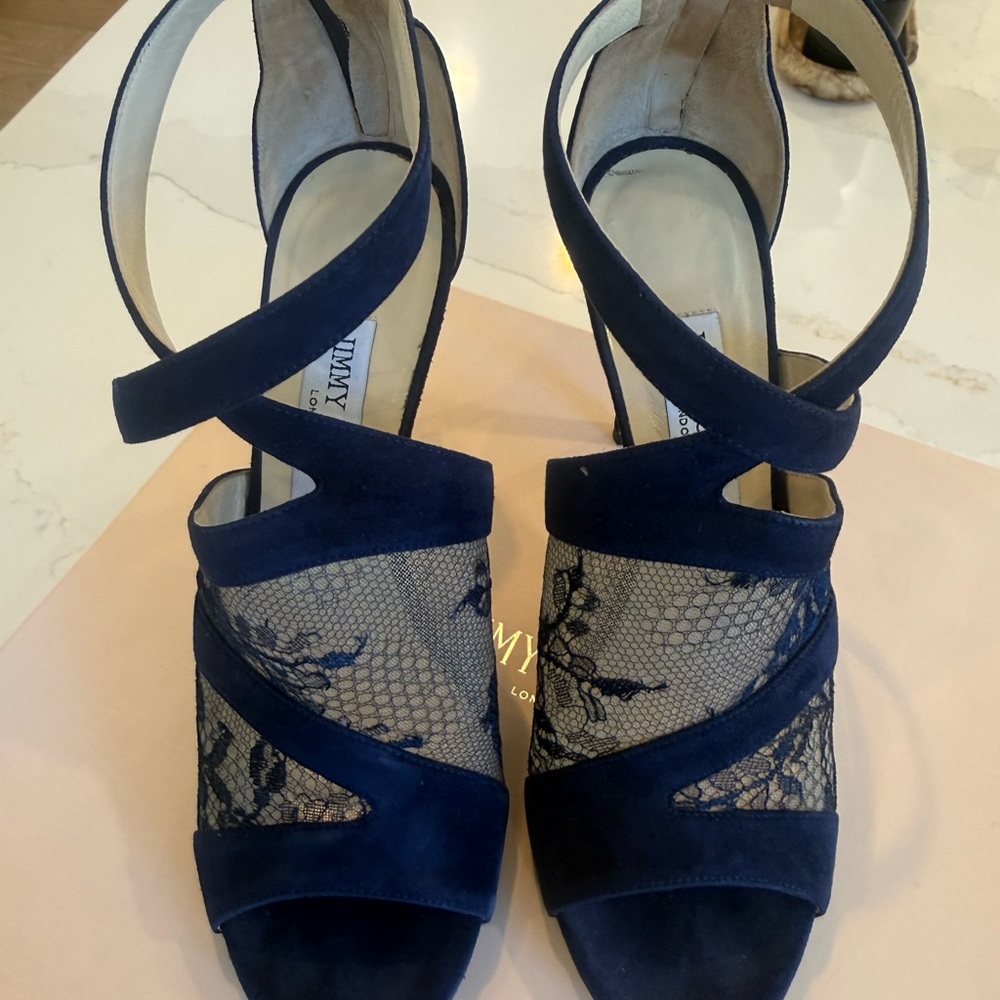 Jimmy Choo Navy Lace Suede Crisscross Heels